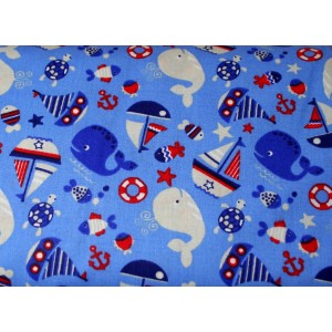 10cm Baumwolldruck Wale und Schiffe blau (Grundpreis € 12,00/m)